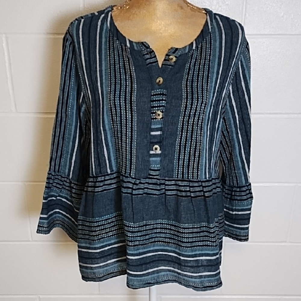 Cool Textured Cotton Loose Flowy Bohemian Shirt 3/4 Bell Sleeves Denims BFF